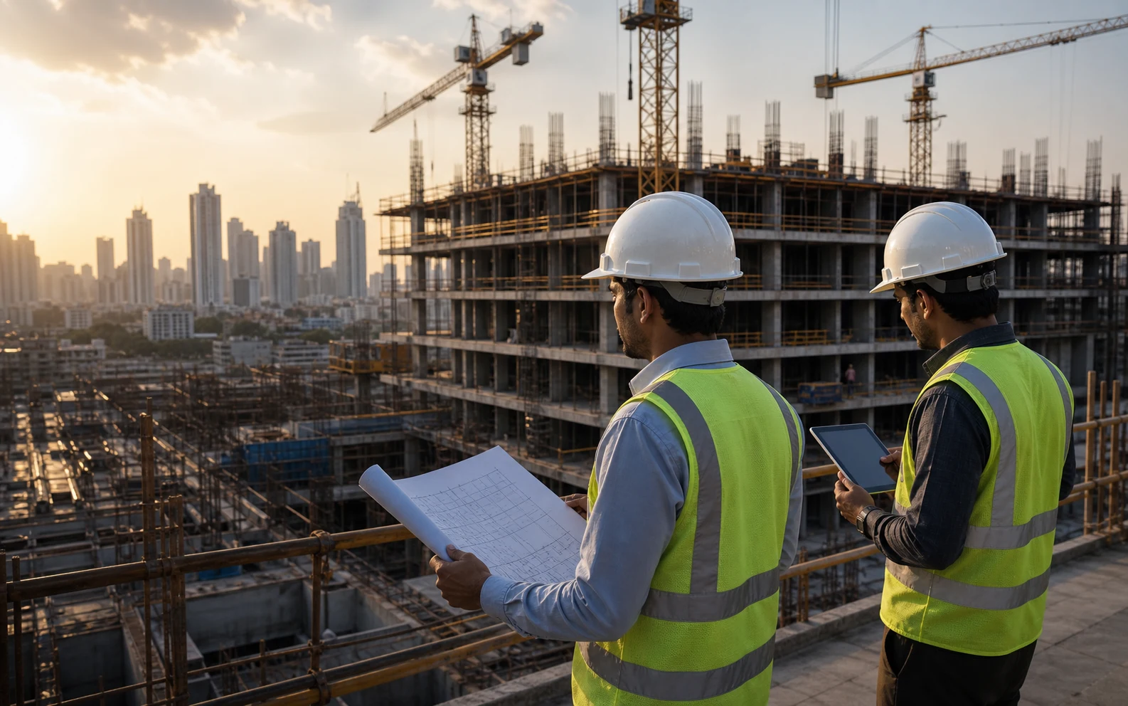 Engineers overlooking an active Indian urban commercial construction site