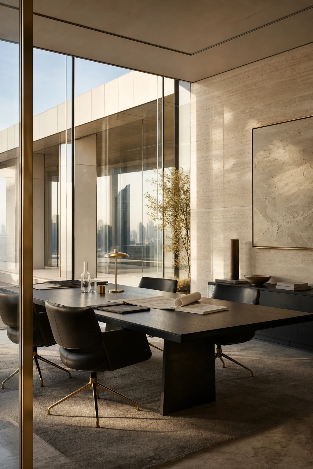Premium enterprise architecture workspace with project plans and controlled execution atmosphere